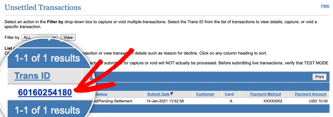 Viewing a test transaction in an Authorize.Net Sandbox account