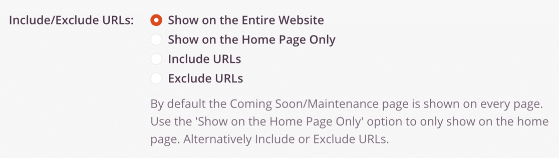 incluir ou excluir URLs de vir em breve página