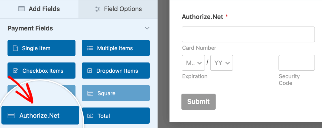 Adding an Authorize.Net field to a form