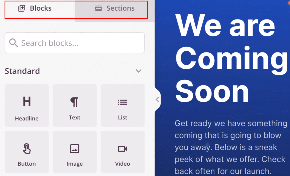 Blocks and sections in the SeedProd coming soon page builder