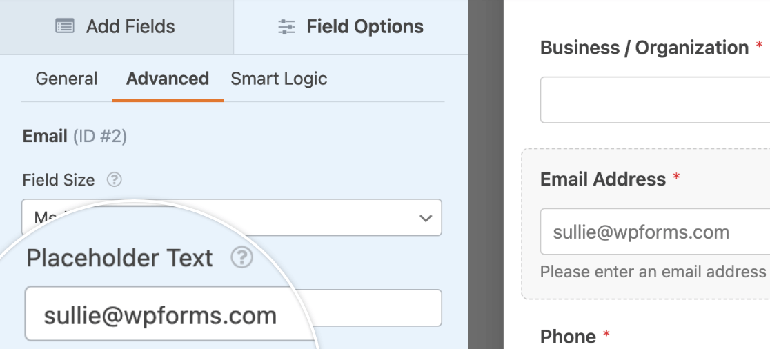 Adding placeholder text to an email field