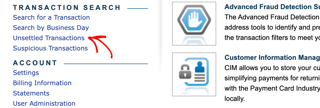 Opening unsettled transactions in an Authorize.Net Sandbox account