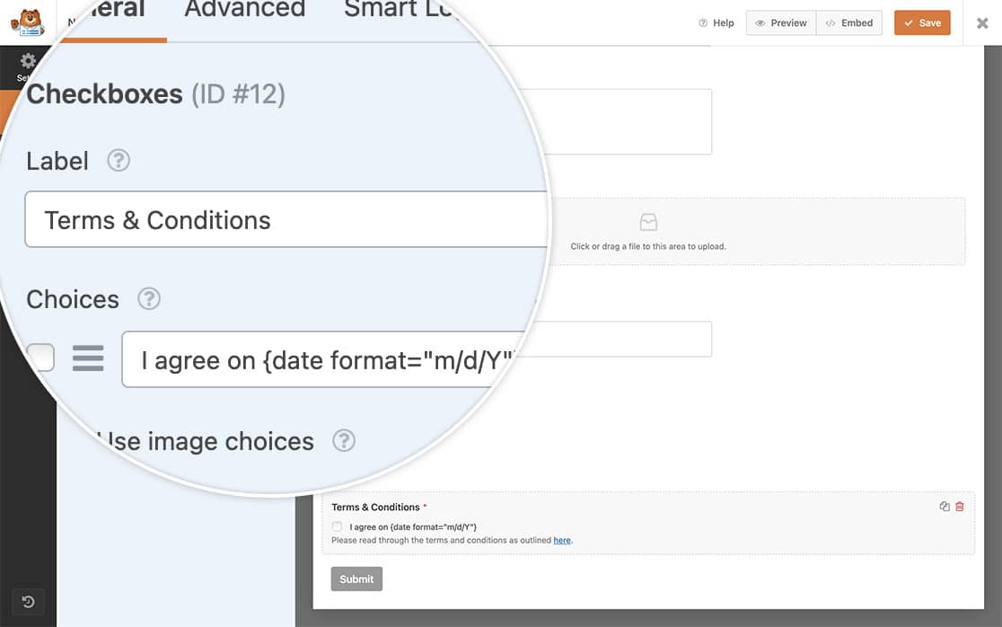 Add the checkbox form field to your form and inside the field label add the date smart tag
