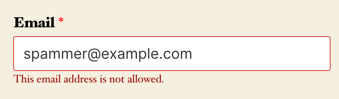 The validation message for disallowed email addresses