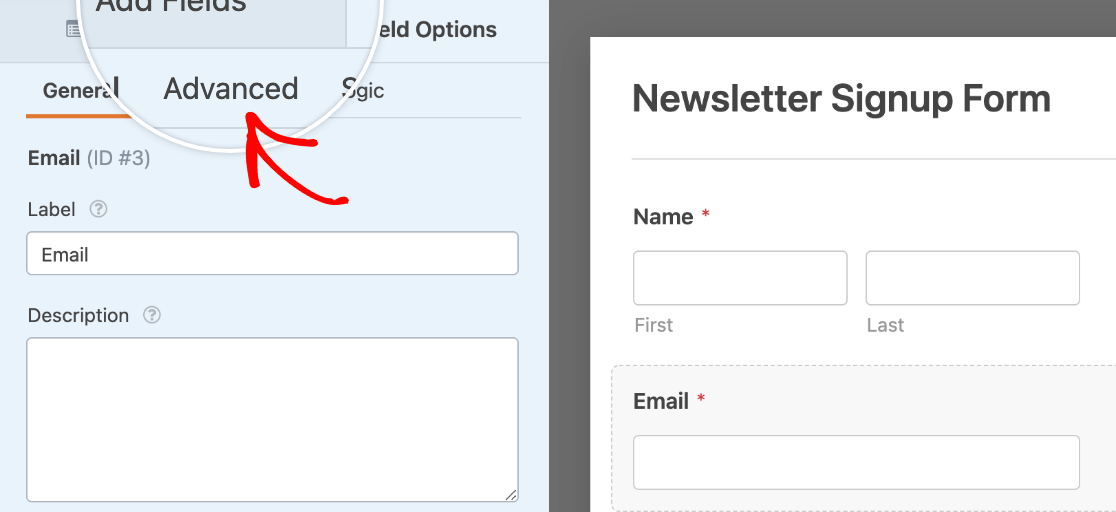 Accessing the advanced options for an email field