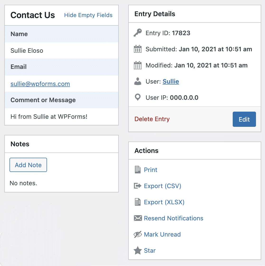 An individual entry in WPForms