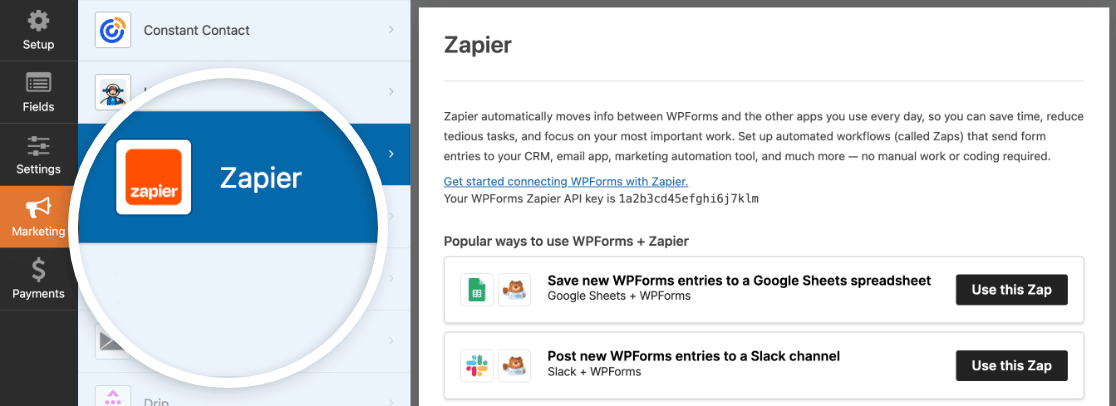 Opening the Zapier settings in the Marketing tab of the form builder