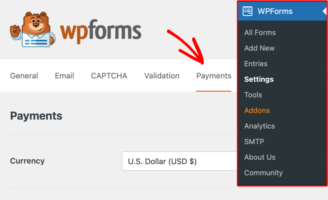 Opening the WPForms payments settings