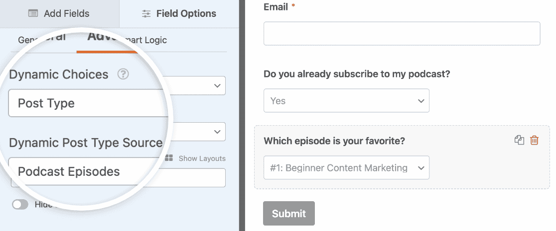 Setting up a dynamic Dropdown field for podcast episodes