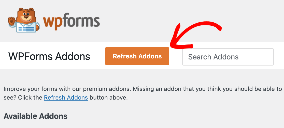 A red arrow pointing to the orange 'Refresh Addons' button