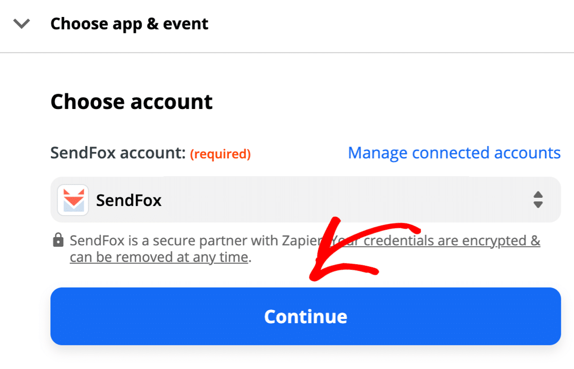 Select SendFox account in Zapier