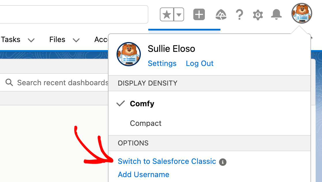 The Switch to Salesforce Classic option