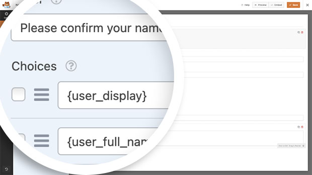 Add smart tags you choose for the checkbox label for display name and full name
