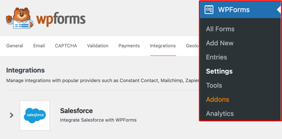 Accessing the Salesforce settings in WPForms
