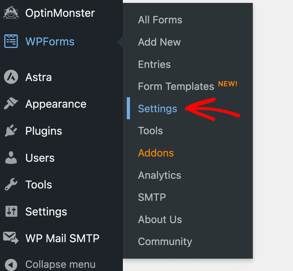 Opening WPForms' settings