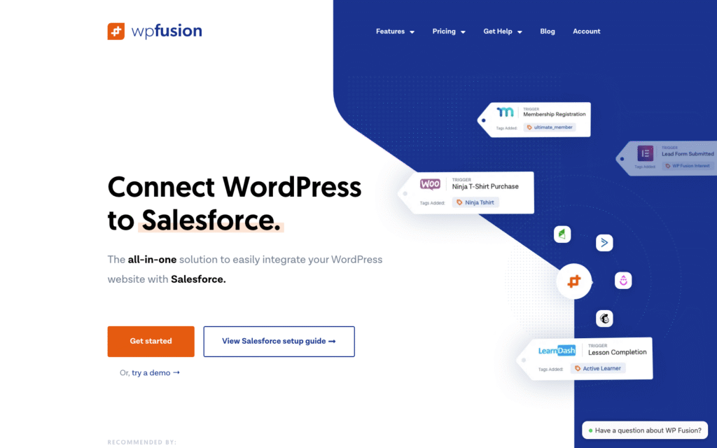 Banner principal para WP Fusion: titular 'Conecta WordPress a Salesforce' con botón principal naranja 'Empezar' y CTA secundario en un fondo dividido blanco y azul.