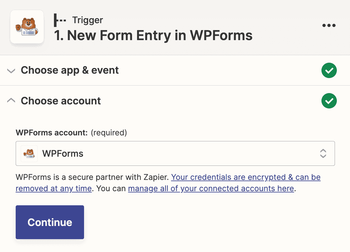 WPForms account selection in the Zapier zap builder