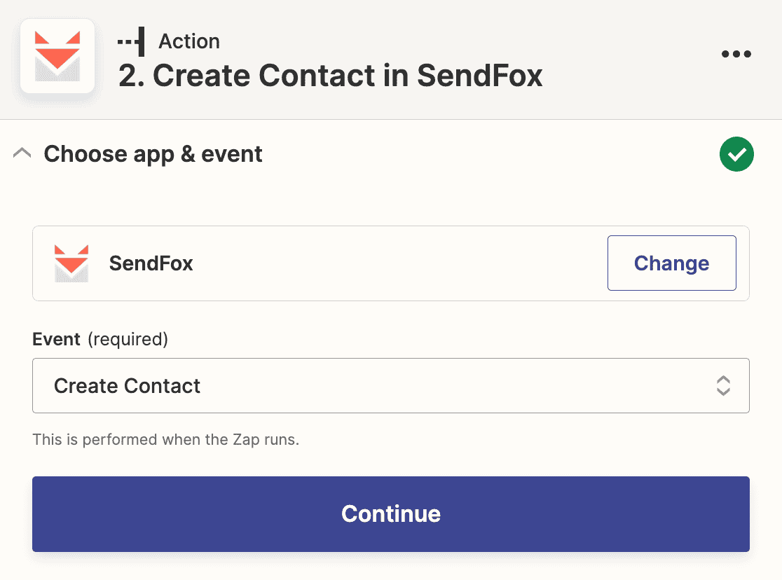 Selecting Create Contact as the SendFox action in Zapier