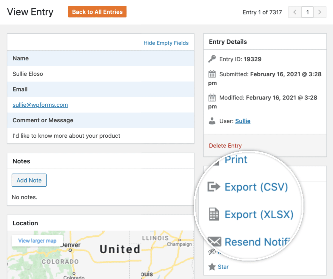 Export individual form entry