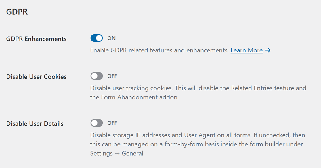 GDPR enhancement options in WPForms