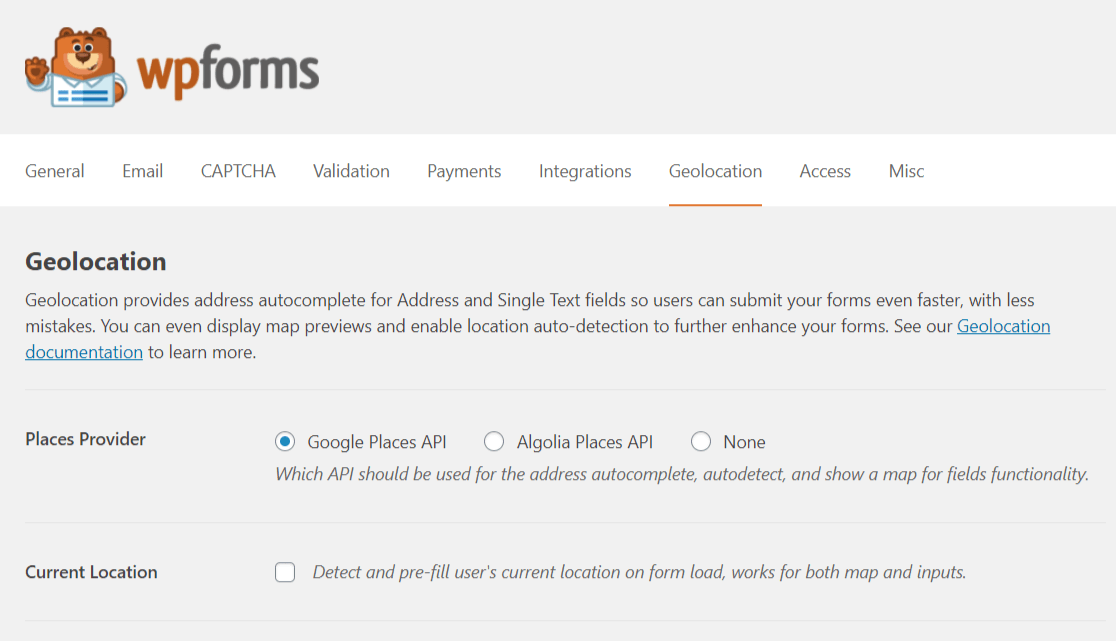 Geolocation Settings Page WPForms