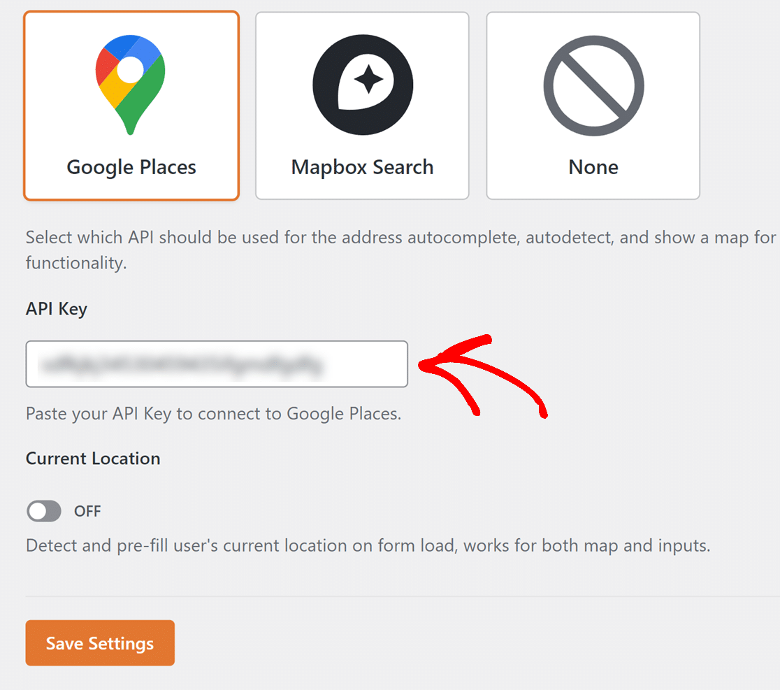 Google places API key setting