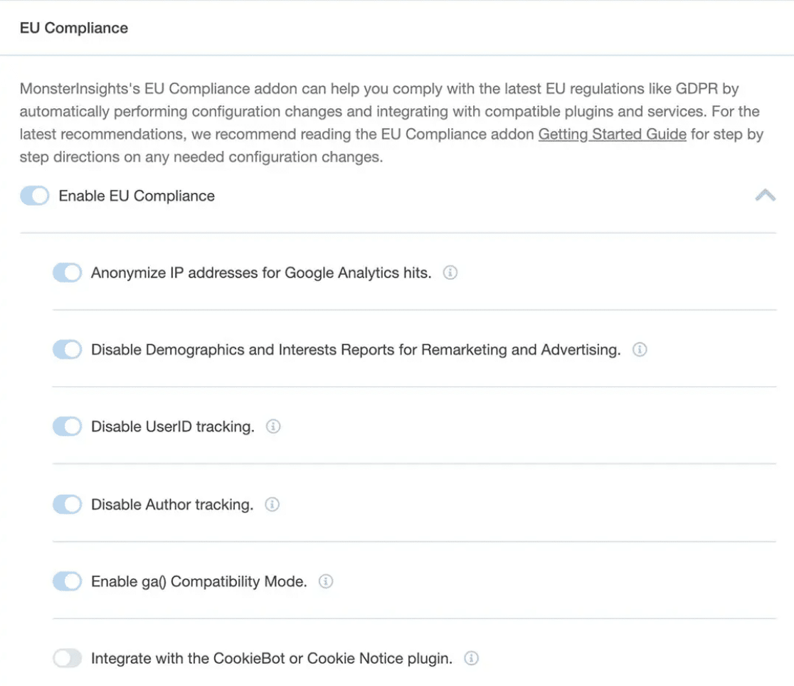 MonsterInsights compliance settings