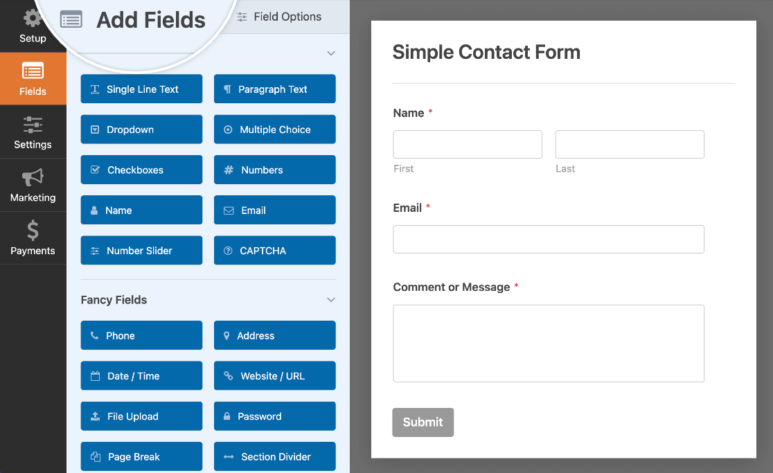 Available fields in the form builder