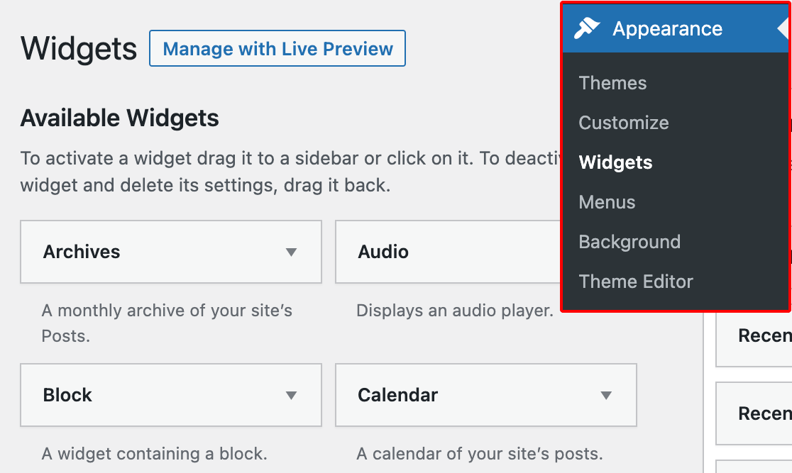 Accessing the classic widgets editor