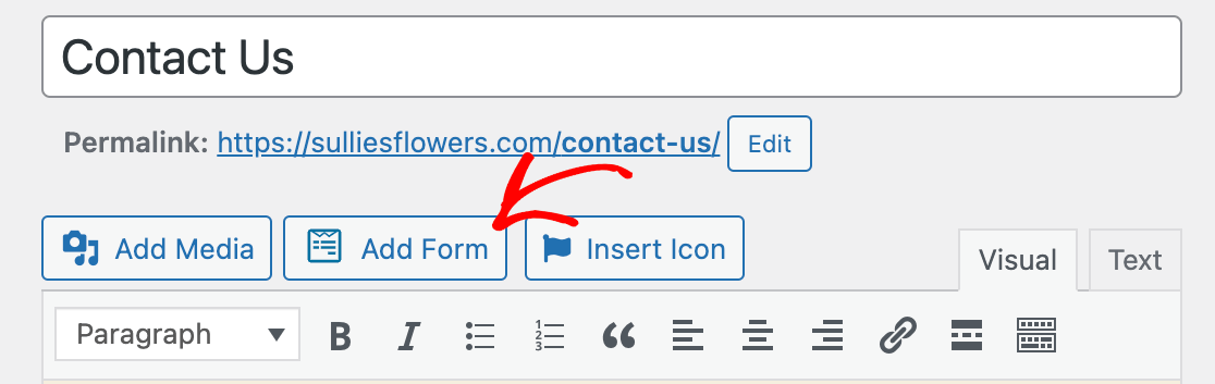 The Add Form button in the classic editor