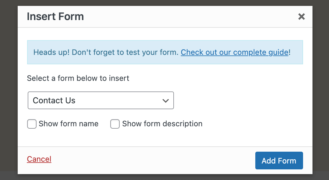 The Add Form popup in the classic editor