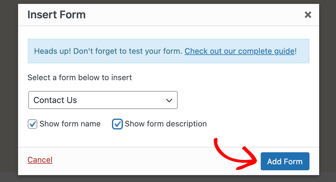 Adding a form to a page in the classic editor