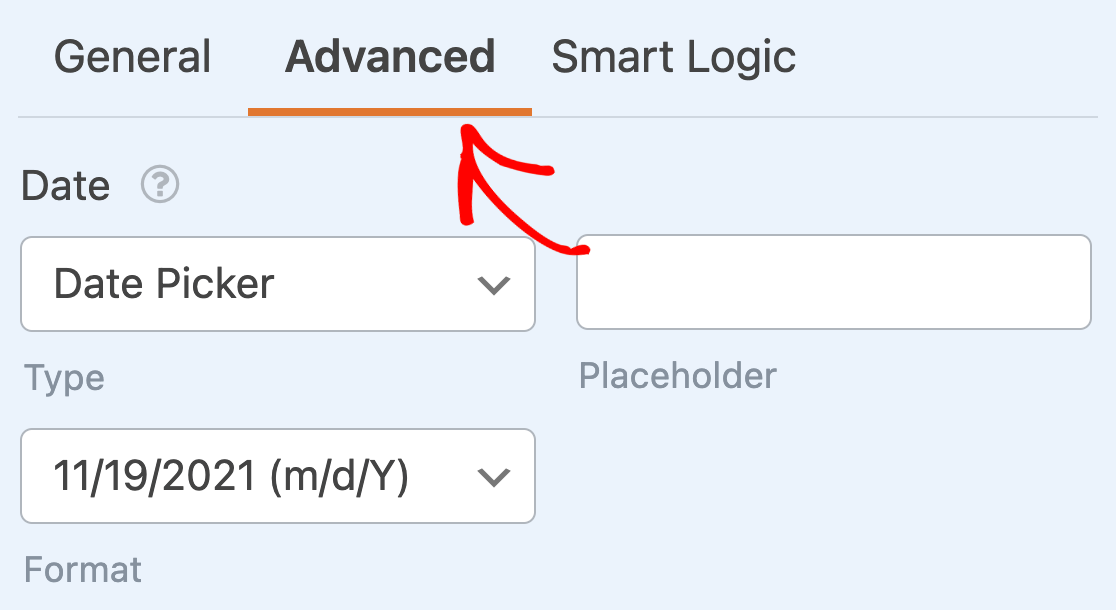 Opening the advanced options for the Date / Time field