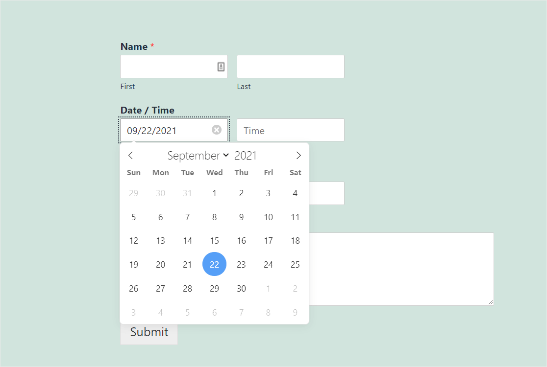 datepicker format example in contact form