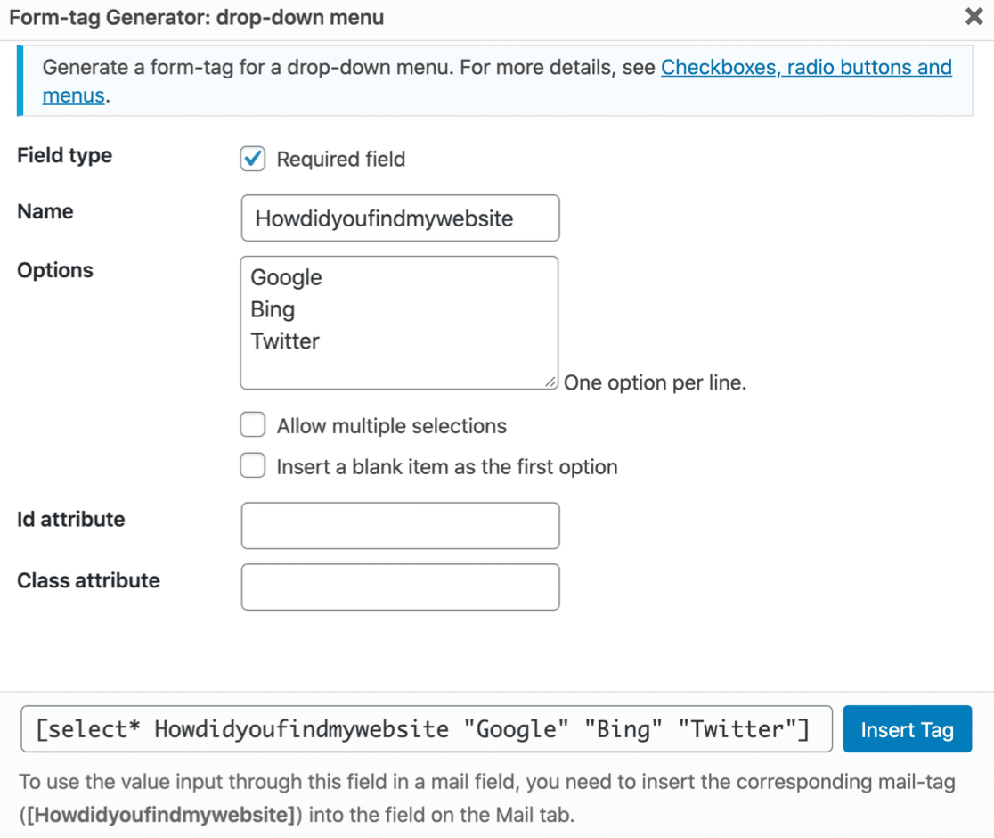 Making a dropdown field in Contact Form 7