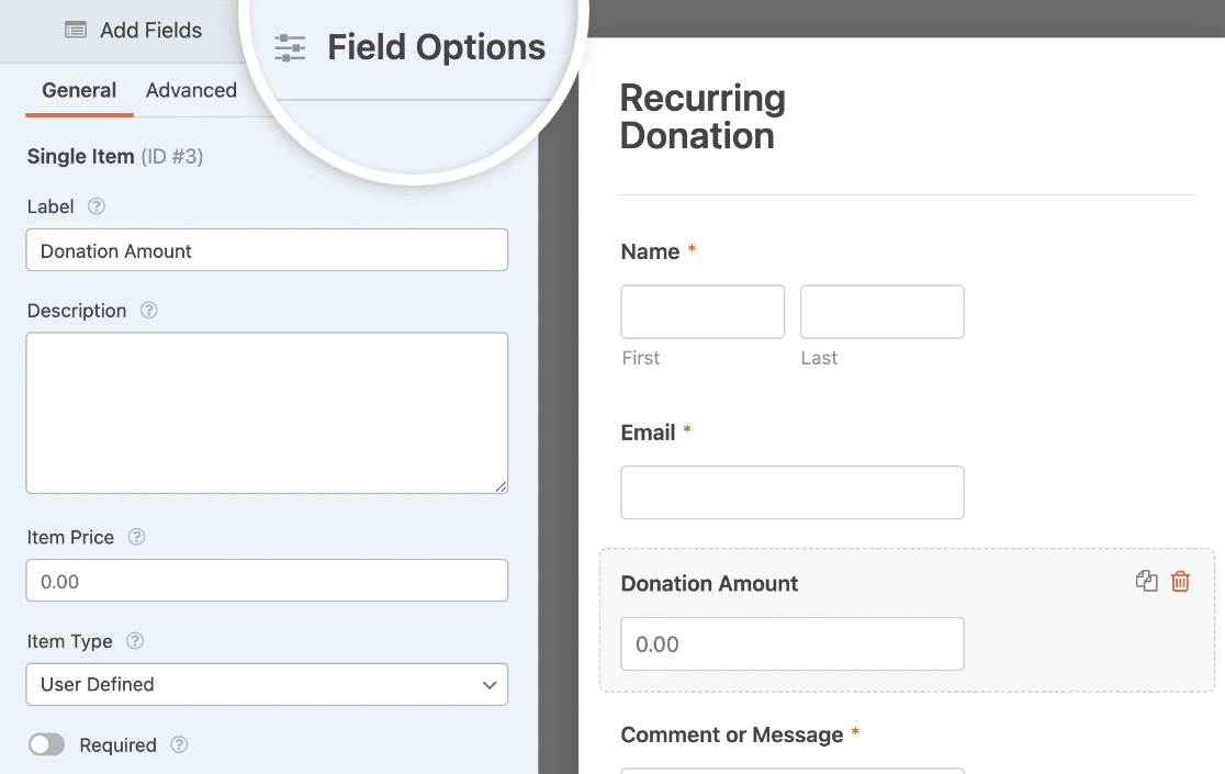 Editing field options for a donation form