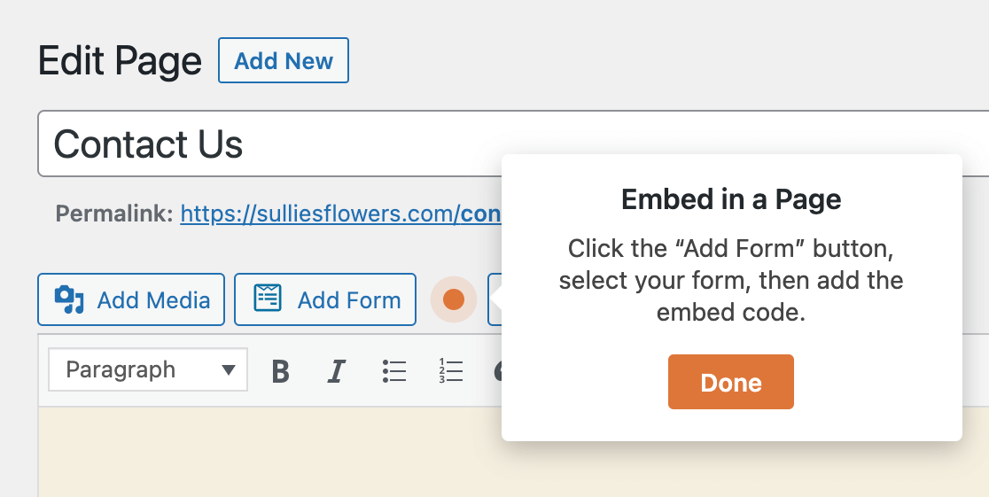The Add Form button prompt in the classic editor