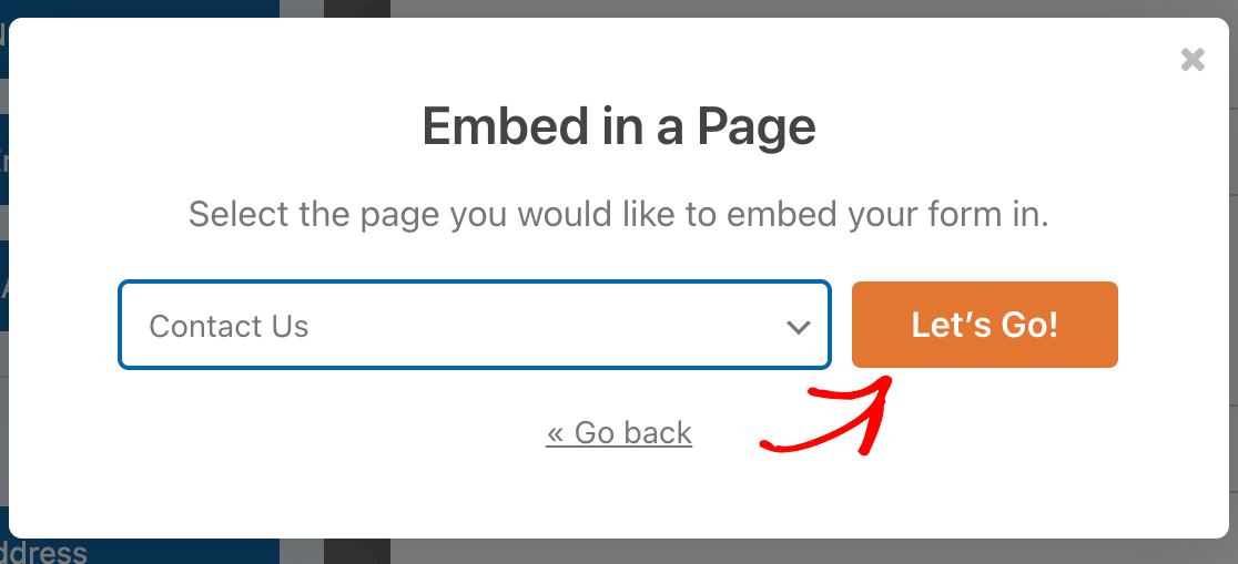 Choosing the Select Existing Page option in the embed tool