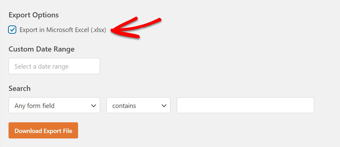 excel export option in wpforms export tab