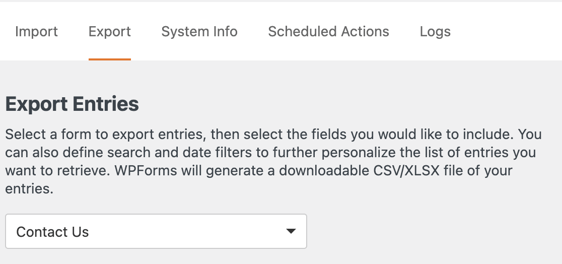 Choosing a form to export entries for