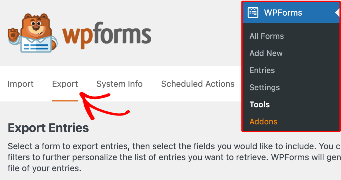 Accessing the WPForms export tools