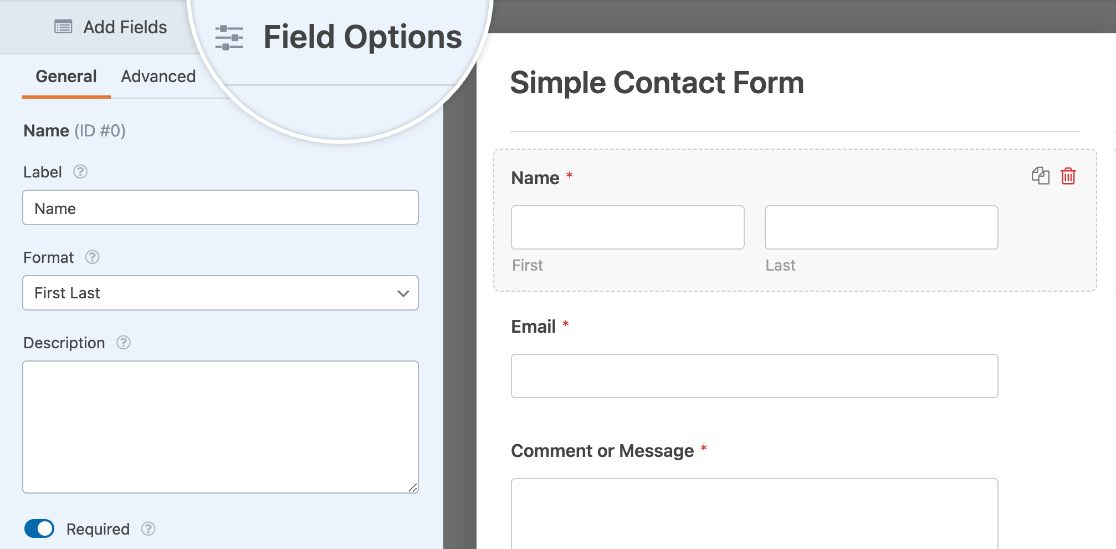 Opening the Field Options panel