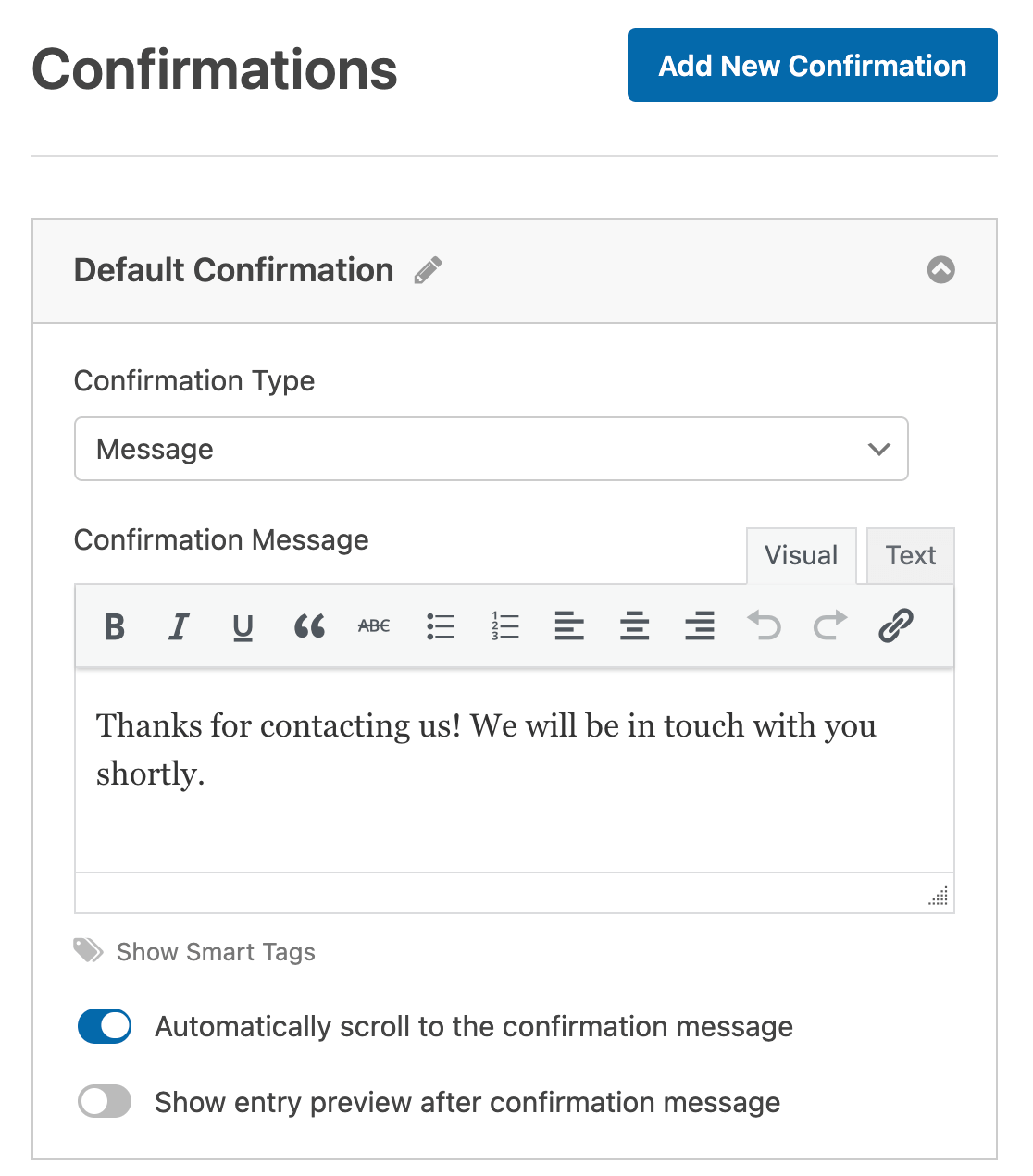 The Confirmations settings in the form builder