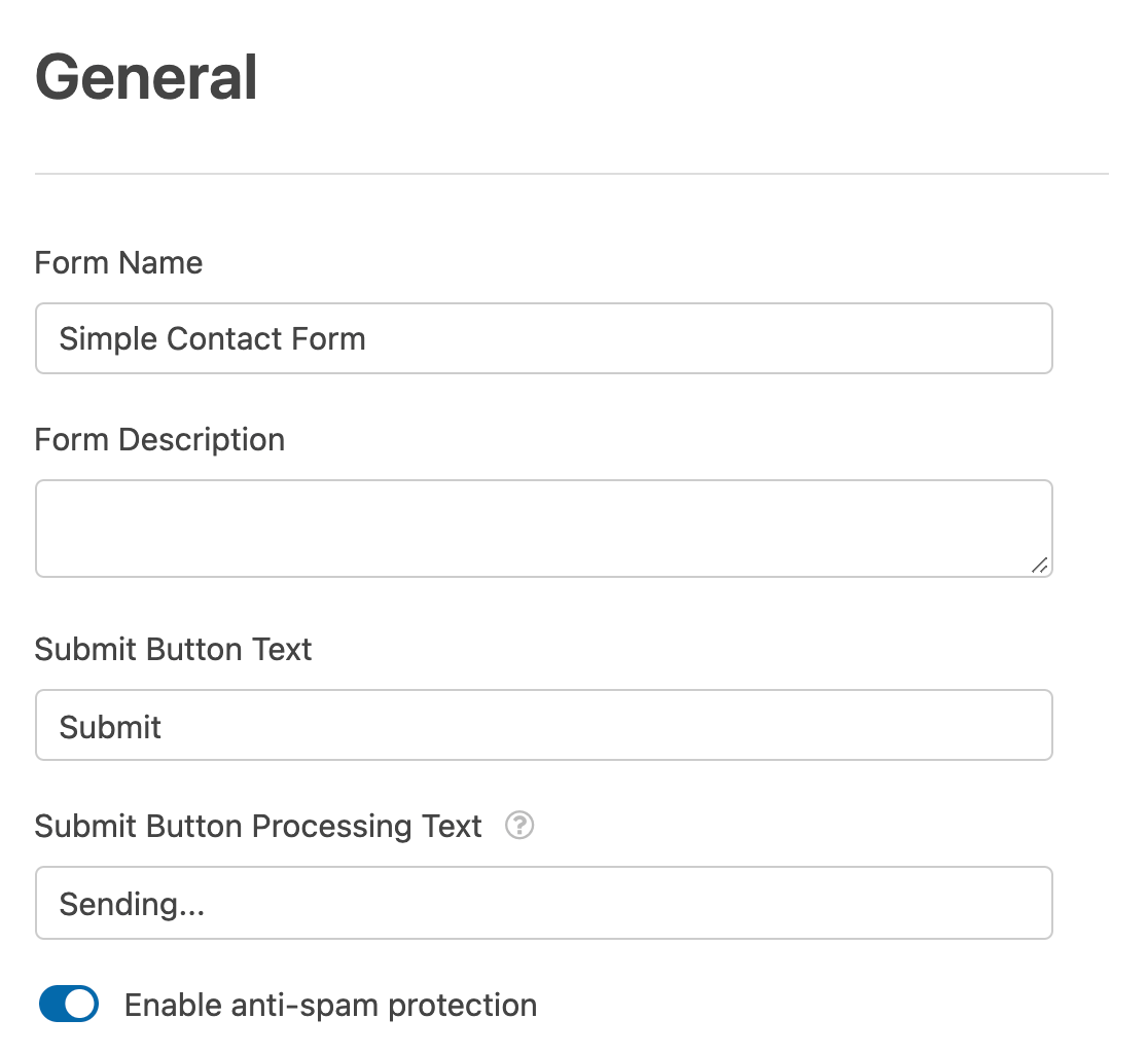 The General settings in the form builder