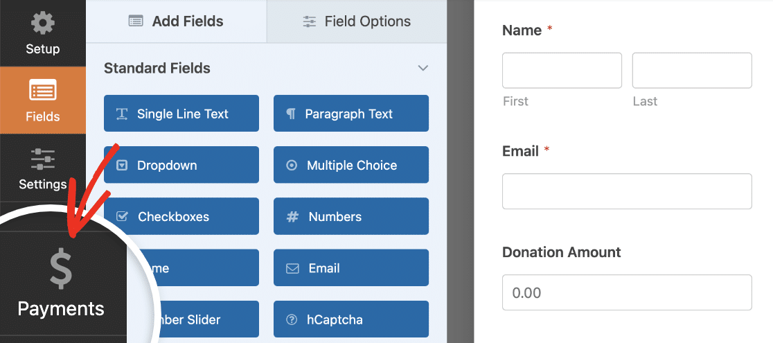 Opening the form builder Payments settings