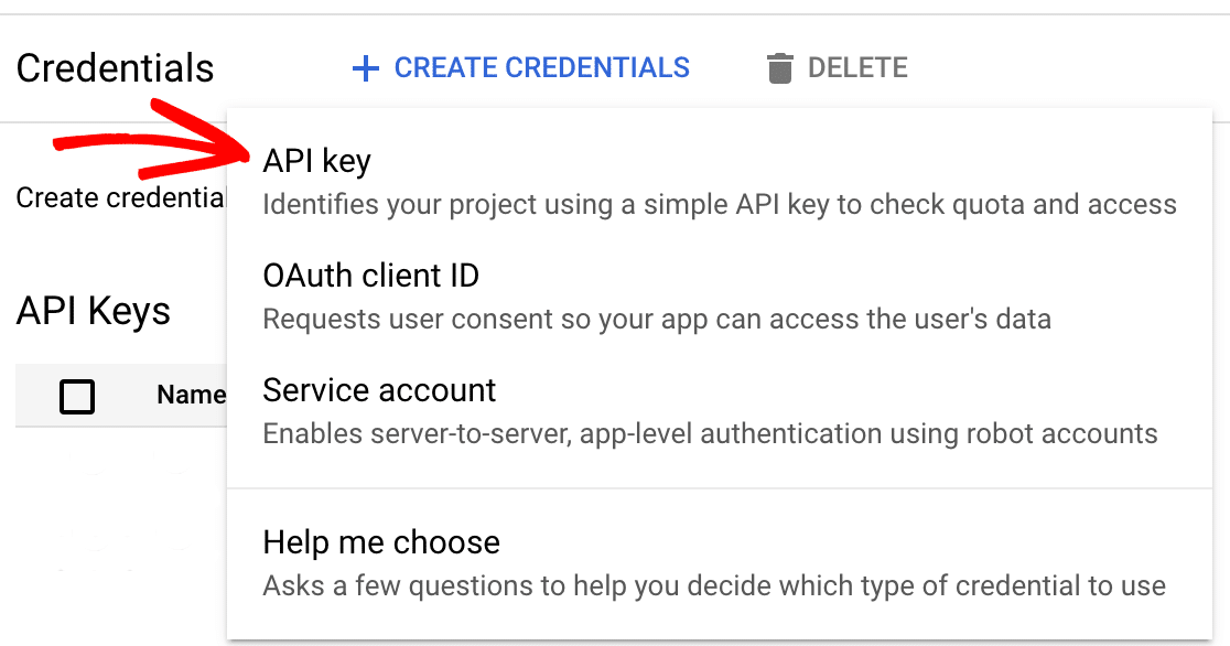 Creating a new API key in Google Cloud