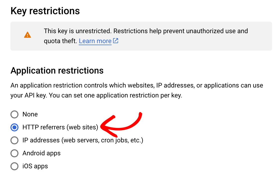 Setting the API Restrictions to HTTP Referrers for a Google API key