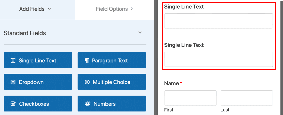 MailPoet WordPress form with 2 single line text fields