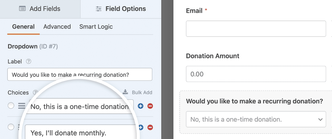 Creating a Dropdown field to let users choose between one-time and recurring payments