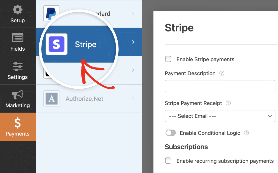 Opening the form builder Stripe settings